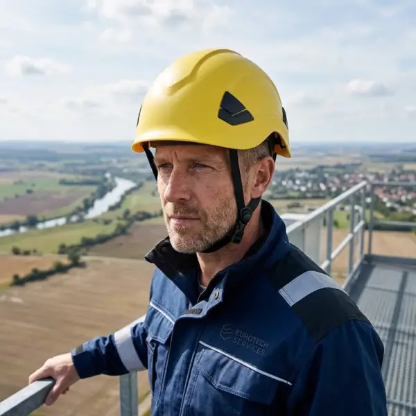 Żółty hełm przemysłowy SALLET - założony na głowę pracownika w niebieskiej kurtce roboczej, widoczny zapięty czarny pasek podbródkowy i krótki daszek - ujęcie z półprofilu na metalowej platformie na tle rozległego krajobrazu z rzeką.