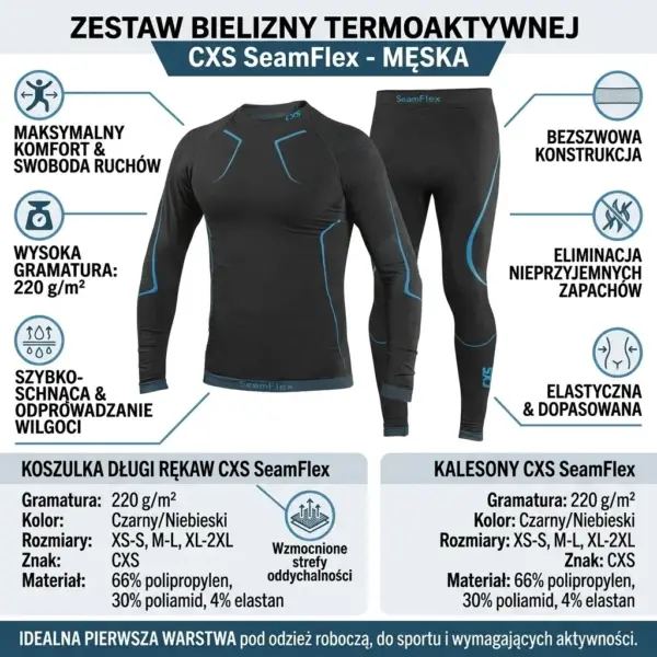 Męska bielizna funkcyjna SEAMANFLEX - czarna koszulka z długim rękawem oraz kalesony z niebieskimi wstawkami, otoczone ikonami informacyjnymi i opisem parametrów technicznych - wycięte na białym tle studyjnym.