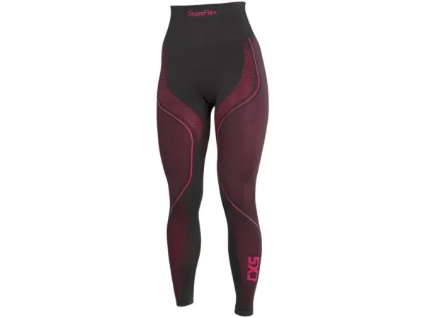 Damskie legginsy termoaktywne SEAMANFLEX LADY - czarne z różowymi, profilowanymi strefami materiału oraz różowym napisem CXS na dole nogawki, widok z przodu - wycięte na białym tle studyjnym.