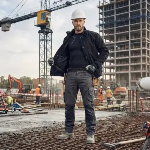 Czarna koszulka bazowa SEAMANFLEX - ujęcie całej sylwetki od przodu, mężczyzna w białym kasku i szarych spodniach roboczych rozchyla czarną kurtkę, prezentując dopasowaną koszulkę z niebieskimi detalami na klatce piersiowej - stoi na stalowym zbrojeniu na tle aktywnego placu budowy z dźwigiem, betoniarką i szkieletem budynku.