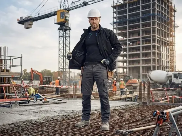 Czarna koszulka bazowa SEAMANFLEX - ujęcie całej sylwetki od przodu, mężczyzna w białym kasku i szarych spodniach roboczych rozchyla czarną kurtkę, prezentując dopasowaną koszulkę z niebieskimi detalami na klatce piersiowej - stoi na stalowym zbrojeniu na tle aktywnego placu budowy z dźwigiem, betoniarką i szkieletem budynku.
