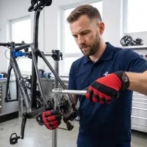 Rękawice montażowe SHARK - mężczyzna w niebieskim polo naprawia rower na stojaku, trzymając klucz dynamometryczny w czerwono-czarnych rękawicach z widocznym logo CXS na mankiecie - tło jasnego warsztatu.