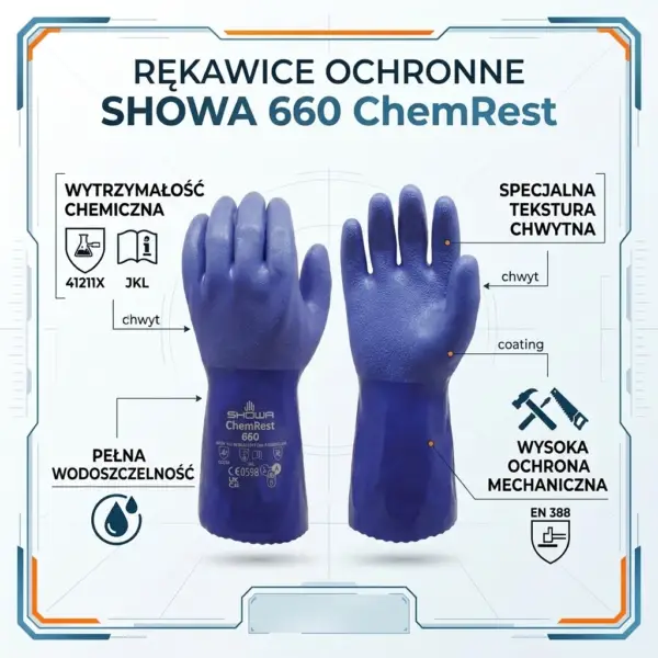 Niebieskie rękawice robocze SHOWA 660 ChemRest - para ułożona pionowo ukazująca wierzch i wnętrze dłoni z widoczną szorstką teksturą, otoczona technicznymi opisami i ikonami norm ochronnych - na jasnym tle w formie infografiki.