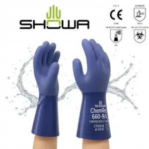 rękawice Showa 660 PVC - dwie niebieskie rękawice założone na dłonie manekina, ukazujące część chwytną oraz grzbiet z białym nadrukiem - wycięte na białym tle studyjnym z graficznym rozbryzgiem wody, logotypem marki i piktogramami norm