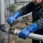 Niebieskie rękawice chemiczne SHOWA 660 na dłoniach pracownika w ciemnej odzieży, który