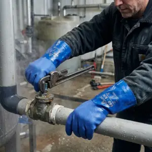 Niebieskie rękawice chemiczne SHOWA 660 na dłoniach pracownika w ciemnej odzieży, który oburącz operuje kluczem do rur na zardzewiałym zaworze. Kadr skupiony na dłoniach i narzędziu w wilgotnym środowisku przemysłowym z unoszącą się parą w tle.
