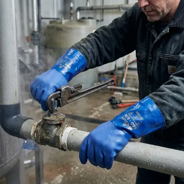 Niebieskie rękawice chemiczne SHOWA 660 na dłoniach pracownika w ciemnej odzieży, który oburącz operuje kluczem do rur na zardzewiałym zaworze. Kadr skupiony na dłoniach i narzędziu w wilgotnym środowisku przemysłowym z unoszącą się parą w tle.