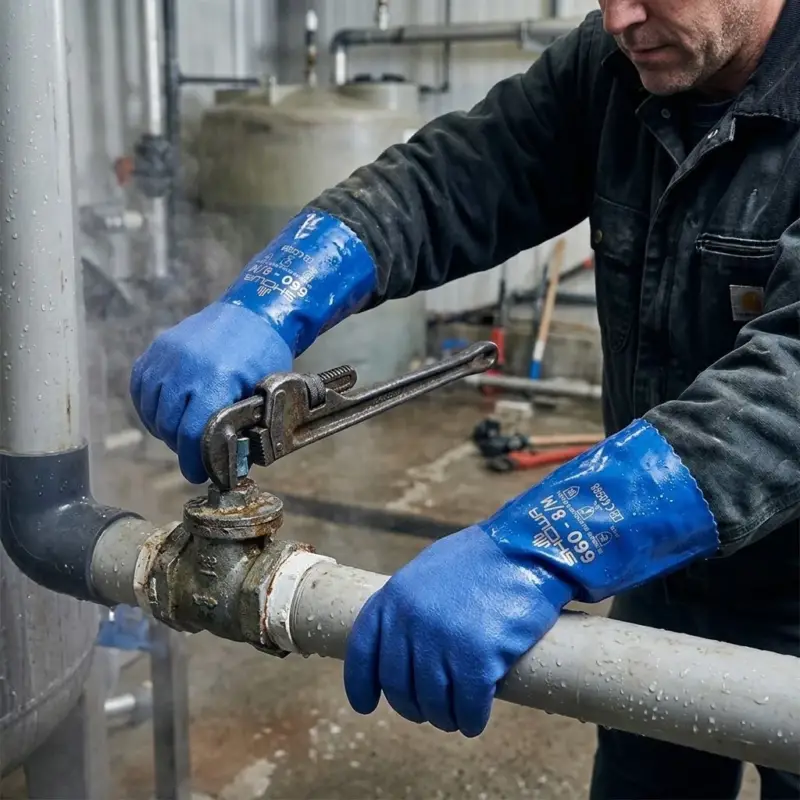 Niebieskie rękawice chemiczne SHOWA 660 na dłoniach pracownika w ciemnej odzieży, który
