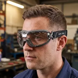 Zamknięte okulary robocze SKARA założone na twarz mężczyzny w ujęciu z półprofilu
