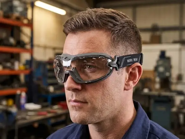 Zamknięte okulary robocze SKARA założone na twarz mężczyzny w ujęciu z półprofilu
