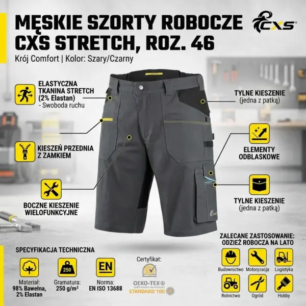 Męskie szorty robocze CXS - infografika produktowa ukazująca przód szaro-czarnych spodni z liniami wskazującymi detale: elastyczną tkaninę, kieszenie na zamek, wielofunkcyjne kieszenie boczne i odblaski, wraz z panelem specyfikacji technicznej - na rozmytym tle warsztatu