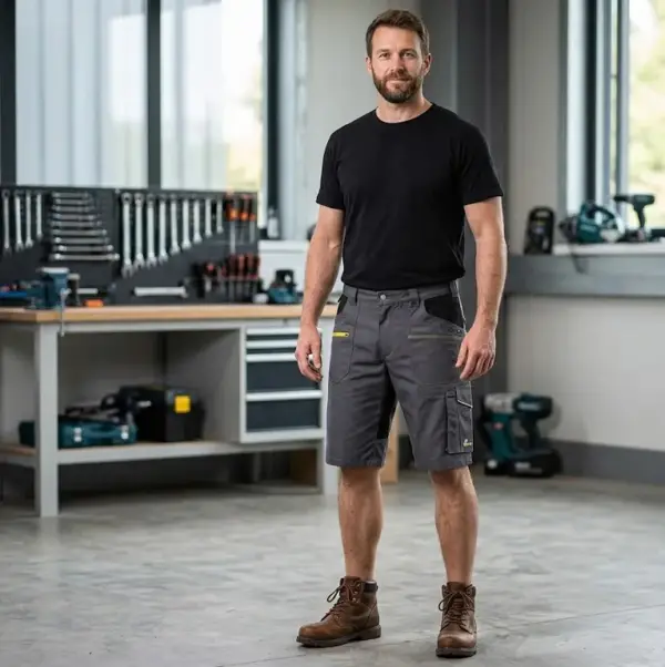 Spodenki CXS Stretch - szaro-czarne z wielofunkcyjnymi kieszeniami i czarnymi wstawkami, widok z przodu na modelu w czarnej koszulce i brązowych butach - w tle rozmyty warsztat ze stołem roboczym.
