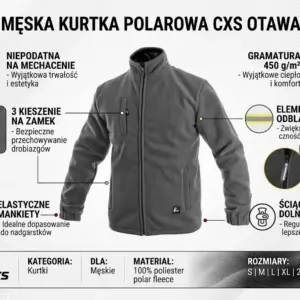 Gruby polar roboczy CXS Otawa szary ocieplany 450g/m2 z powłoką antypillingową Kat. I