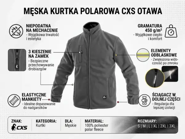 Gruby polar roboczy CXS Otawa szary ocieplany 450g/m2 z powłoką antypillingową Kat. I - zdjęcie 4