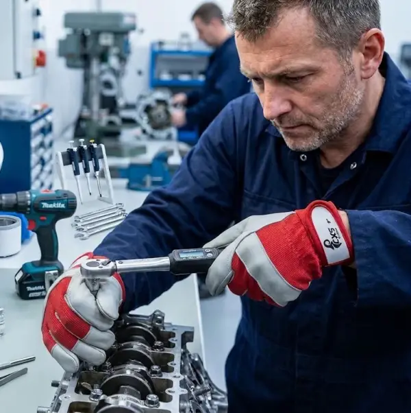 Rękawice robocze CXS TECHNIK na dłoniach mechanika używającego cyfrowego klucza dynamometrycznego na bloku silnika, widoczny czerwony materiał na grzbiecie, szare palce i zapięcie na rzep, w tle warsztat z narzędziami i drugim pracownikiem.