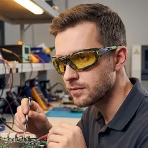 Okulary robocze TIEVA z żółtymi soczewkami i czarno-zieloną oprawką. Zbliżenie z półprofilu