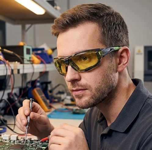 Okulary robocze TIEVA z żółtymi soczewkami i czarno-zieloną oprawką. Zbliżenie z półprofilu