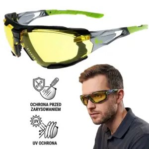 zolte okulary ochronne TIEVA z czarno-zieloną oprawką ukazane pod kątem, poniżej ikony