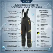 Dziecięce spodnie zimowe softshell TRENTON JUNIOR - infografika produktowa prezentująca czarne spodnie z szelkami od przodu, ze strzałkami opisującymi detale (m.in. odblaski, zamki, pas przeciwśniegowy) oraz tabelą specyfikacji technicznej - na zimowym, niebieskim tle z górami i śnieżynkami