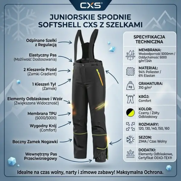 Dziecięce spodnie zimowe softshell TRENTON JUNIOR - infografika produktowa prezentująca czarne spodnie z szelkami od przodu, ze strzałkami opisującymi detale (m.in. odblaski, zamki, pas przeciwśniegowy) oraz tabelą specyfikacji technicznej - na zimowym, niebieskim tle z górami i śnieżynkami