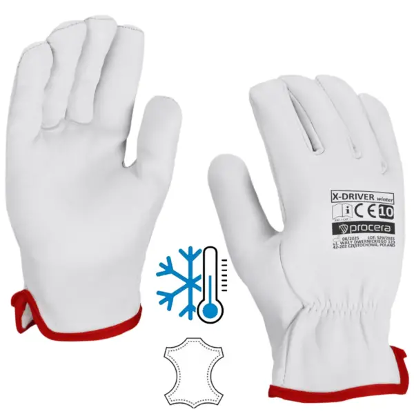 X-DRIVER WINTER Rękawice robocze zimowe białe z czerwonym wykończeniem mankietu, para ułożona przodem i tyłem z widocznym nadrukiem Procera X-DRIVER WINTER oraz ikonami ochrony przed zimnem i materiału skórzanego, wycięte na białym tle studyjnym.