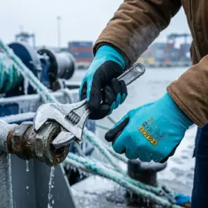 Ocieplane rękawice powlekane X-GLACIER - zbliżenie na dłonie w niebiesko-czarnych rękawicach trzymające duży klucz nastawny na mokrej rurze z kapiącą wodą - zimowa sceneria portowa z oblodzonymi linami w rozmytym tle.