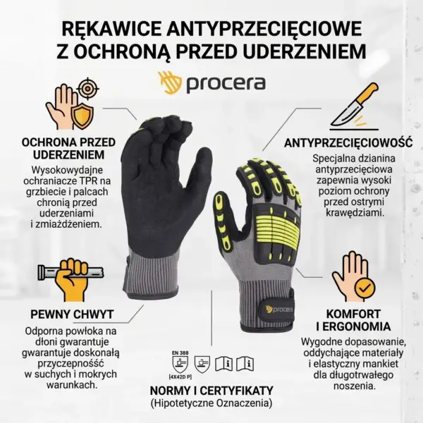 Model X-IMPACT - infografika prezentująca rękawice z czarną powłoką na części chwytnej oraz szary grzbiet z żółto-czarnymi panelami TPR, otoczone piktogramami i opisami cech takich jak antyprzecięciowość i ochrona przed uderzeniem - na jasnym tle.