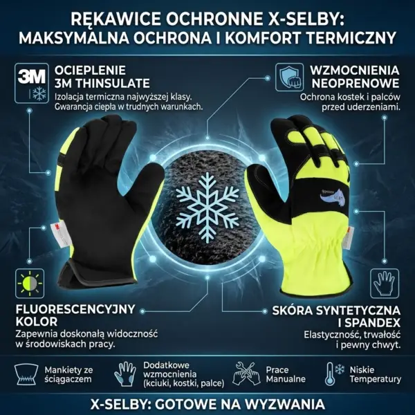 Zimowe rękawice robocze X-SELBY - para ukazana z dwóch perspektyw: lewa prezentuje czarną część chwytną, prawa jaskrawy, żółto-czarny grzbiet dłoni. W centrum znajduje się ikona płatka śniegu, a wokół rozmieszczono opisy i ikony wskazujące na ocieplenie 3M Thinsulate, neoprenowe wzmocnienia oraz użyte materiały - grafika informacyjna na ciemnoniebieskim tle z motywem szronu.