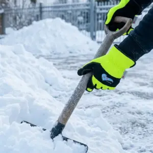 Zimowe rękawice X SELBY - zbliżenie na dłonie w jaskrawożółto-czarnych rękawicach z widocznym logo i metką 3M, pewnie trzymające drewniany trzonek łopaty - podczas odśnieżania na zewnątrz na tle zasp śniegu.
