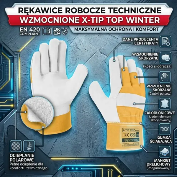 Ocieplane rękawice ochronne X-TIP TOP WINTER - para biało-żółtych rękawic z dwoiny bydlęcej w formie infografiki. Lewa rękawica ukazuje część chwytną z okrągłym zbliżeniem na białą podszewkę polarową, prawa prezentuje grzbiet ze skórzanymi wzmocnieniami i żółtym mankietem z metką. Wokół widoczne są opisy techniczne ze strzałkami, na ciemnym, technologicznym tle z niebieskimi i żółtymi liniami.