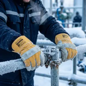 Ocieplane rękawice X-TIP TOP WINTER - zbliżenie na żółto-szare rękawice skórzane na dłoniach pracownika trzymającego klucz nastawny na oszronionej rurze, widoczne logo Procera - zimowe środowisko przemysłowe z rozmytym tłem
