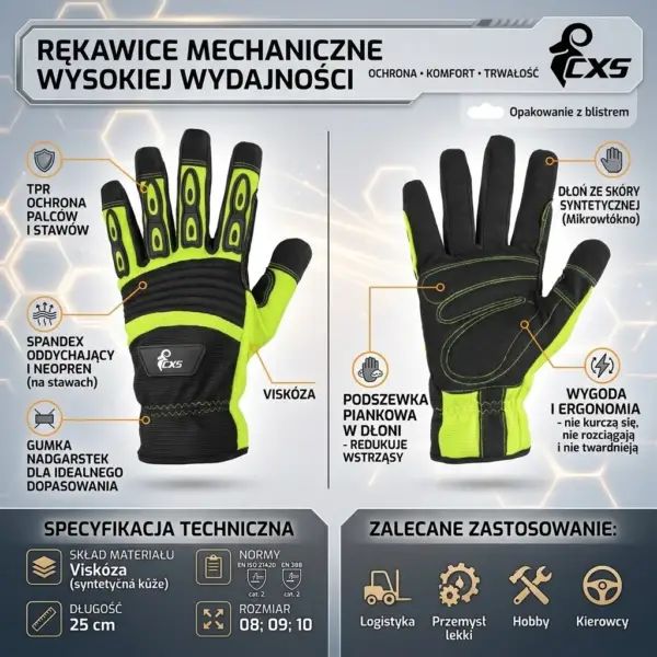 Rękawice robocze YEMA - infografika produktowa prezentująca wierzch i spód czarno-seledynowego modelu z liniami wskazującymi detale konstrukcyjne, takie jak gumowe nakładki na palcach i piankowa podszewka dłoni, wraz z dolnym panelem specyfikacji technicznej i ikonami zastosowań - na jasnoszarym tle z heksagonalnym wzorem