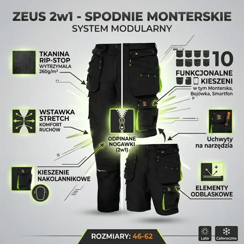 Czarne spodnie monterskie ZEUS 2w1