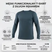ACTIVE KOSZULKA TERMO - granatowy model z długim rękawem ukazany na infografice z ikonami właściwości materiału oraz dolną tabelą specyfikacji technicznej, wycięte na białym tle studyjnym.