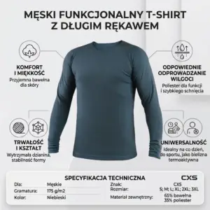 ACTIVE KOSZULKA TERMO - granatowy model z długim rękawem ukazany na infografice z ikonami właściwości materiału oraz dolną tabelą specyfikacji technicznej, wycięte na białym tle studyjnym.