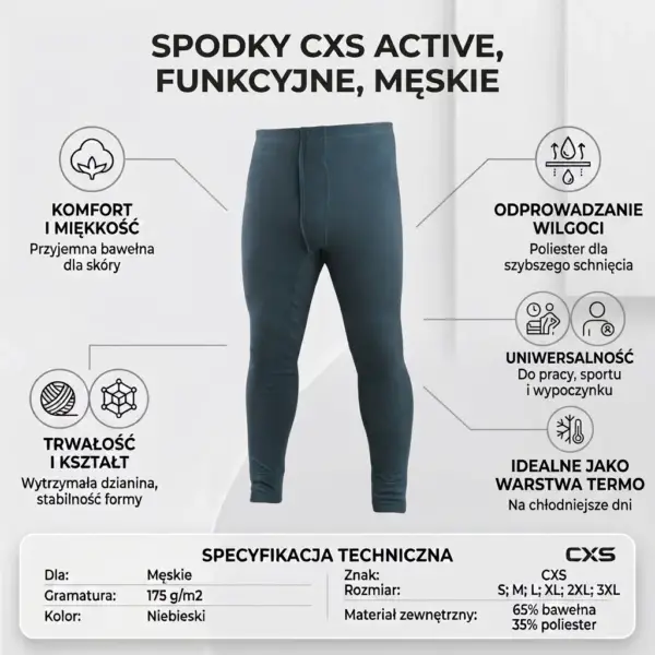 ACTIVE SPODNIE TERMO - infografika z niebieskimi spodniami w ujęciu z przodu, otoczonymi ikonami informacyjnymi i tabelą specyfikacji technicznej - na jasnoszarym tle