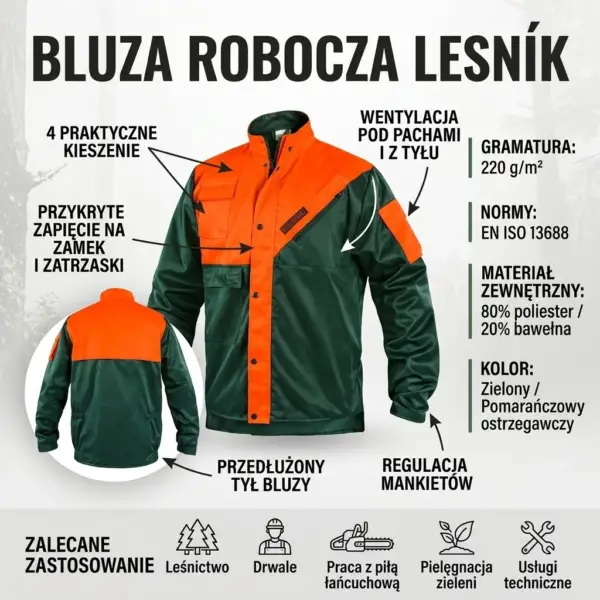 Bluza antyprzecięciowa Leśnik (M) - infografika produktowa prezentująca przód zielono-pomarańczowej odzieży roboczej z mniejszym widokiem tyłu w okręgu. Widoczne strzałki i opisy wskazują na kieszenie, kryte zapięcie, wentylację, przedłużony tył i regulację mankietów. Na dole znajdują się ikony zastosowania, całość na jasnym tle z delikatnym zarysem lasu.