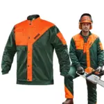 bluza esd - zielono-pomarańczowa kurtka robocza, widok z przodu samej odzieży oraz na modelu w kasku trzymającym piłę łańcuchową - wycięte na białym tle studyjnym.