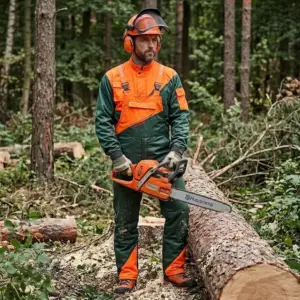 Bluza antyprzecięciowa Leśnik na modelu ubranym w zielono-pomarańczowy strój drwala. Mężczyzna w kasku ochronnym z nausznikami trzyma piłę łańcuchową Husqvarna. Ujęcie całej sylwetki z przodu na tle lasu i pnia ściętego drzewa.