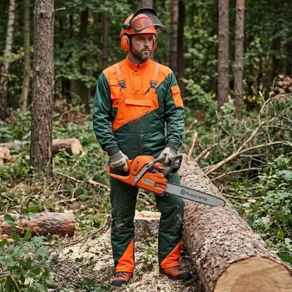 Bluza antyprzecięciowa Leśnik na modelu ubranym w zielono-pomarańczowy strój drwala. Mężczyzna w kasku ochronnym z nausznikami trzyma piłę łańcuchową Husqvarna. Ujęcie całej sylwetki z przodu na tle lasu i pnia ściętego drzewa.