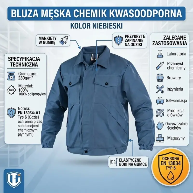 BLUZA CHEMIK-kwasoodporna (M) - infografika produktowa ukazująca front niebieskiej odzieży roboczej z rozrysowanymi detalami konstrukcyjnymi, specyfikacją materiałową i ikonami zastosowań - na jasnoniebieskim tle z zarysem hali przemysłowej.