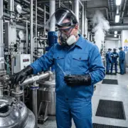 BLUZA CHEMIK-kwasoodporna (M) - pracownik w niebieskiej odzieży z kieszeniami na piersi, wyposażony w maskę oddechową, przyłbicę i grube czarne rękawice, trzymający szklaną zlewkę i obsługujący zawór - ujęcie w naturalnym środowisku pracy na tle stalowych instalacji przemysłowych i innych pracowników