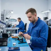 BLUZA - ELEKTROTECHNIK II (M) - pracownik w niebieskiej odzieży roboczej z zapiętą stójką i opaską uziemiającą, diagnozujący płytkę PCB multimetrem - jasne laboratorium elektroniczne z narzędziami i drugim serwisantem w tle