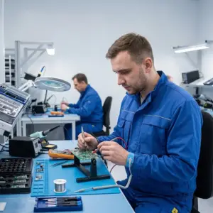 BLUZA - ELEKTROTECHNIK II (M) - pracownik w niebieskiej odzieży roboczej z zapiętą stójką i opaską uziemiającą, diagnozujący płytkę PCB multimetrem - jasne laboratorium elektroniczne z narzędziami i drugim serwisantem w tle