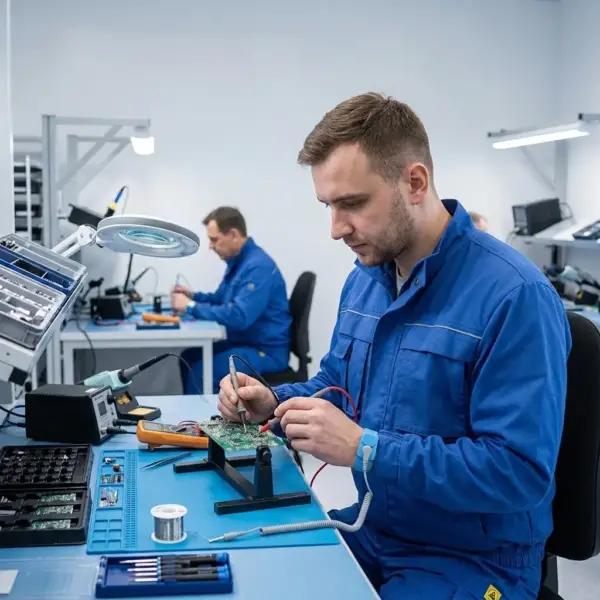BLUZA - ELEKTROTECHNIK II (M) - pracownik w niebieskiej odzieży roboczej z zapiętą stójką i opaską uziemiającą, diagnozujący płytkę PCB multimetrem - jasne laboratorium elektroniczne z narzędziami i drugim serwisantem w tle