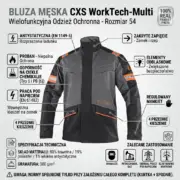Trudnopalna bluza BHP CXS WorkTech-Multi - szaro-czarna z pomarańczowymi detalami, widok z przodu, otoczona wskaźnikami opisującymi właściwości materiału, kieszenie i odblaski, u dołu widoczne ikony branżowe - infografika produktowa na jasnym tle studyjnym.