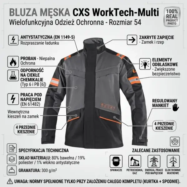Trudnopalna bluza BHP CXS WorkTech-Multi - szaro-czarna z pomarańczowymi detalami, widok z przodu, otoczona wskaźnikami opisującymi właściwości materiału, kieszenie i odblaski, u dołu widoczne ikony branżowe - infografika produktowa na jasnym tle studyjnym.