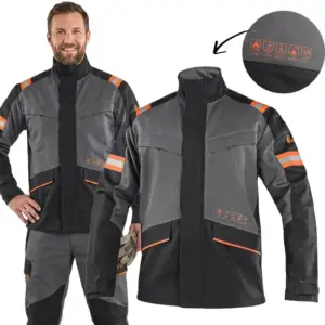 Bluza robocza wielofunkcyjna szaro-czarna z pomarańczowymi wstawkami i pasami odblaskowymi, widok z przodu na modelu oraz obok jako sam produkt, z okrągłym zbliżeniem na piktogramy norm bezpieczeństwa, wycięte na białym tle studyjnym.