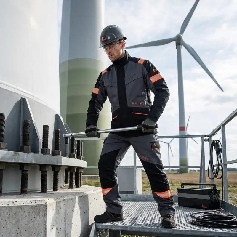Trudnopalna bluza ochronna CXS WorkTech-Multi - szaro-czarna z pomarańczowymi detalami, ubrana przez pracownika w kasku operującego kluczem dynamometrycznym - ujęcie całej sylwetki na podeście przy turbinie wiatrowej.