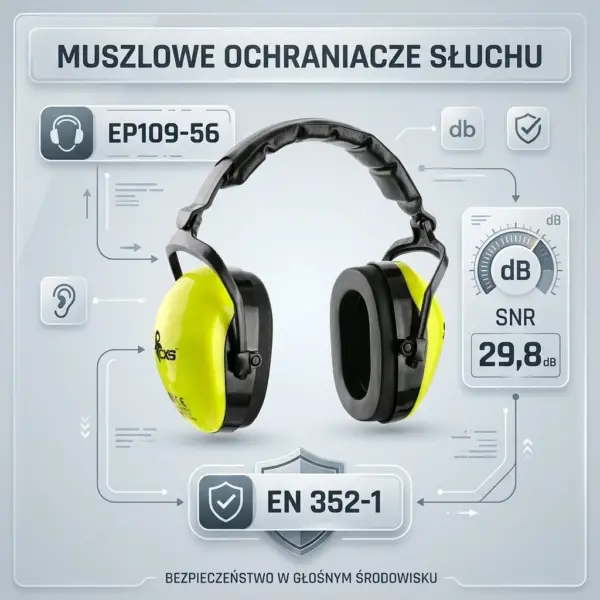 Muszlowe ochraniacze słuchu EP 109-56 - jaskrawożółte czasze z czarnym pałąkiem zaprezentowane na infografice z parametrami tłumienia SNR 29,8 dB i normą EN 352-1 - na jasnoszarym tle z technologicznymi liniami